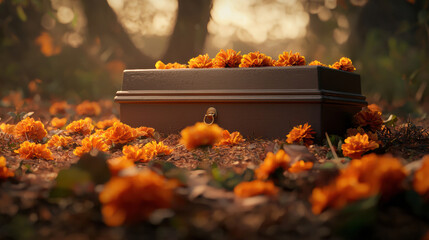 wooden box surrounded by vibrant orange flowers rests on the forest floor under soft, warm sunlight.