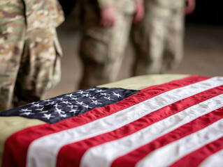 folded American flag drapes a casket as soldiers stand in the background, honoring fallen military service.
