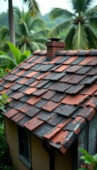 Naklejka premium Roof with missing shingles after hurricane damage, shingle loss, storm surge