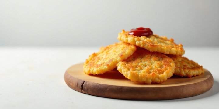 Golden-brown crispy fried savory delights served on rustic wooden board with a dollop of tangy condiment