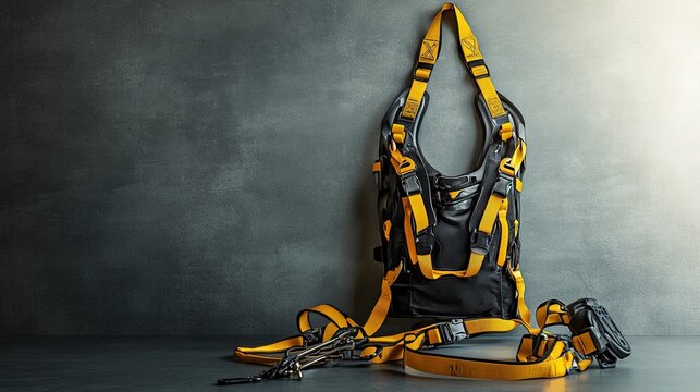 Safety harness and equipment showcased, emphasizing workplace safety and professional preparedness.
