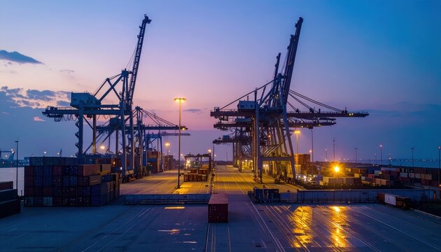 Dimly Lit Cross Dock Facility with Overhead Cranes at Dawn