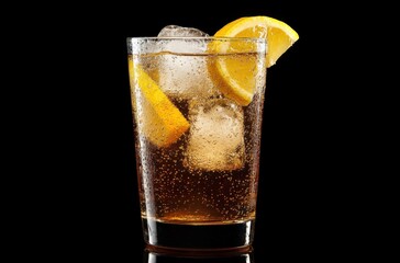 Refreshing fizzy drink in a glass with lemon slices floating among