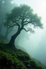 Fototapeta premium Enigmatic Ancient Tree in a Misty Woodland Setting, Its Roots Deeply Anchored in Verdant Slopes