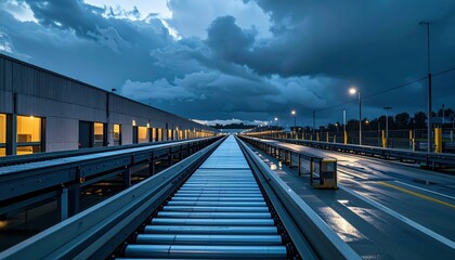 Dimly Lit Fulfillment Center with Conveyor Belts Under Stormy Skies