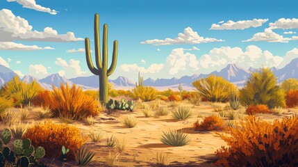 Naklejka premium Colorful desert landscape with a saguaro cactus.