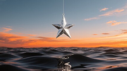 Silver Star Ornament Over Ocean at Sunset