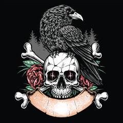 skull with crossing skull with banner and crow