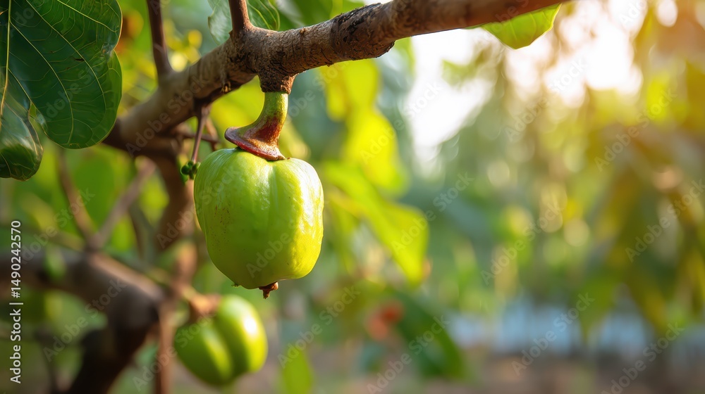 Poster a captivating close up shot of a hanging green fruit on a tree branch with lush green leaves in a su