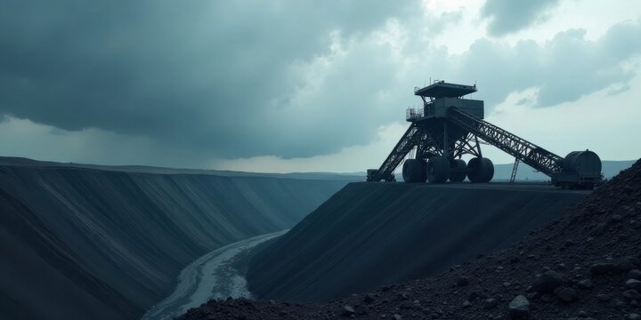 Immense mining machine on a steep embankment overlooking a deep excavated valley under a dramatic sky