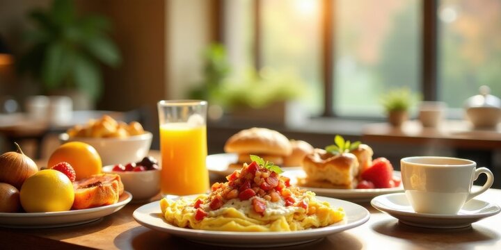A delightful breakfast spread featuring a vibrant fruit platter, fluffy scrambled eggs with a savory topping, pastries, and a refreshing glass of orange juice, all bathed in warm sunlight.