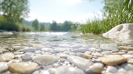 Clear Water Flowing Over Smooth River Rocks on a Sunny Day water river rocks smooth flowing stream