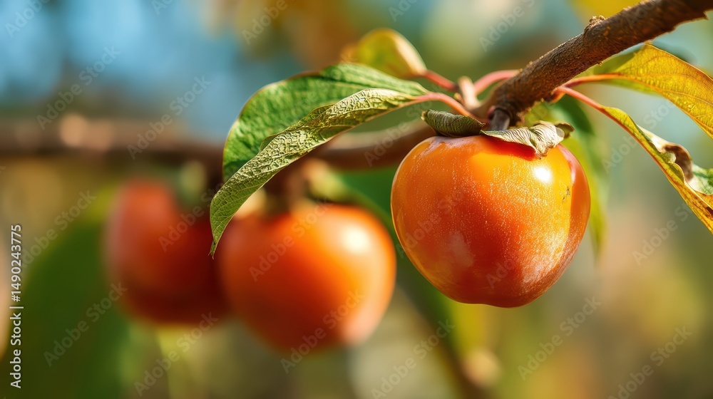 Poster close up view of ripe persimmon fruit on a branch with leaves in an orchard during a sunny day, capt