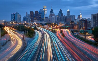 Fototapeta premium Philly skyline at dusk with long exposure light trails on freeway and urban cityscape