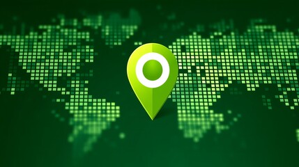 Obraz premium Digital World Map with Green Pixelated Background and Central Location Pin Symbol