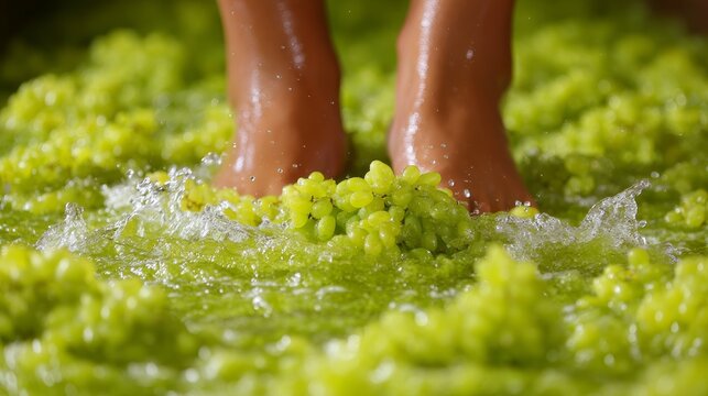 Feet Stomping Grapes in a Wooden Vat with Splashing Juice and Vibrant Green Grapes