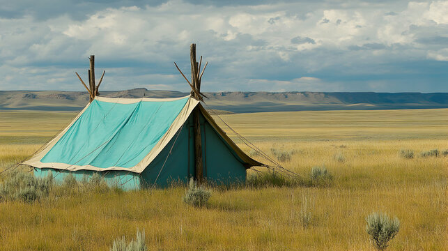Rustic canvas tent resting in a vast prairie landscape under a cloudy sky - Powered by Adobe