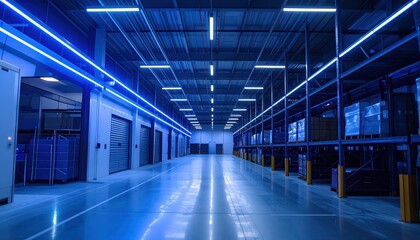 Dimly Lit Refrigerated Warehouse with Shelving Units and Neon Accents
