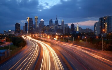 Fototapeta premium Philly skyline at dusk with long exposure light trails on freeway and urban cityscape