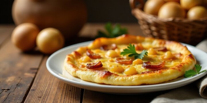 Aromatic Baked Flatbread Topped with Caramelized Onions and Creamy Cheese, Served on Rustic Wooden Table