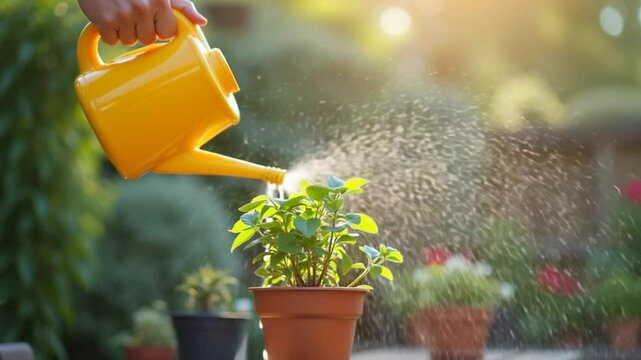 Watering a potted plant in sunny garden space