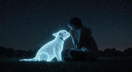 Naklejka premium Girl with Light Dog Under Starry Night