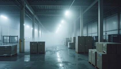 Dimly Lit Storage Facility with Rolling Fog and Packaging Machines