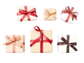 Several square gift boxes with ribbons isolated on a transparent background
