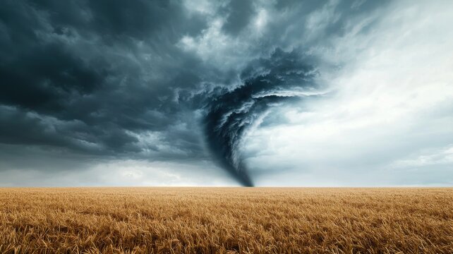 Powerful Tornado Forming Over Golden Wheat Field Under Dark Stormy Sky tornado field wheat sky storm