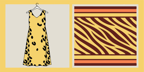 Modern abstract illustration featuring a yellow leopard print dress and textured pattern