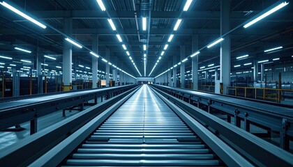 Dimly Lit Warehouse Mezzanine with Conveyor Belts Under Fluorescent Lights