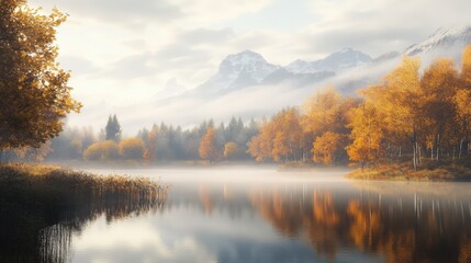 Fototapeta premium Serene autumn landscape with misty mountains reflected in a tranquil lake.