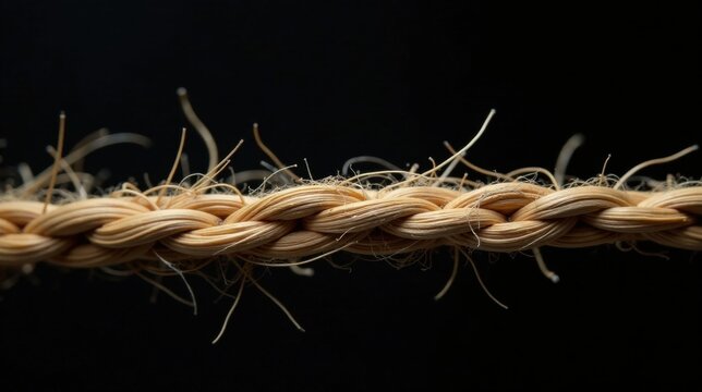 Close-up Detail of a Light Brown Braided Rope with Visible Fibers Against a Dark Background