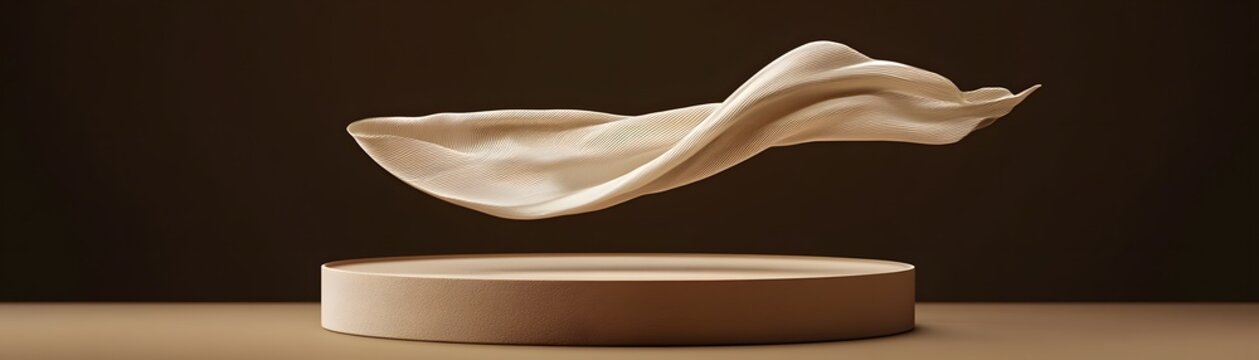 Light beige fabric floating gracefully on a podium.