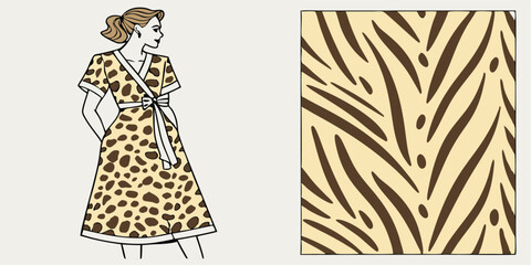 Stylish woman in a wrap dress with animal print alongside a unique pattern design