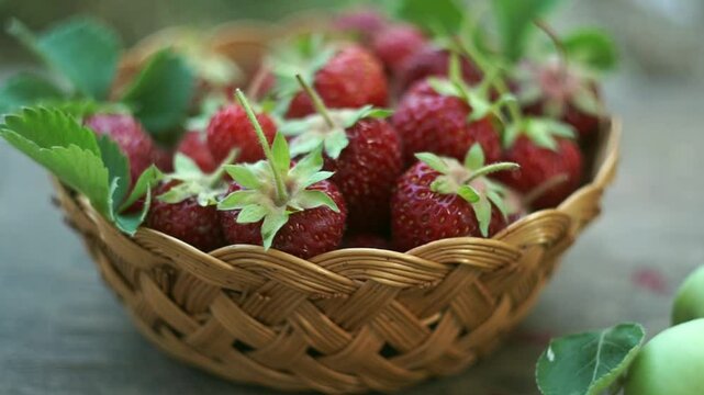 Ripe strawberries are put into a basket in a strawberry patch