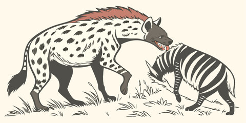 Obraz premium Stylized illustration of a hyena attacking a zebra with transparency for design