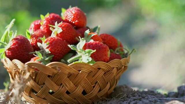 Ripe strawberries are put into a basket in a strawberry patch