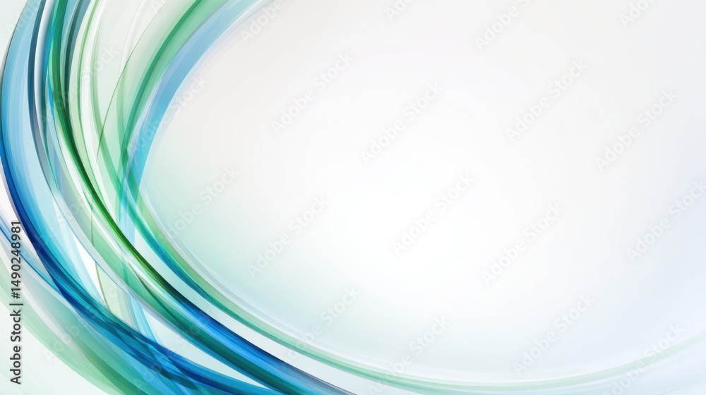 Poster Abstract background with blue and green curved ring shapes on soft white gradient, elegant minimal composition with smooth lines and soft light, high-resolution illustration..