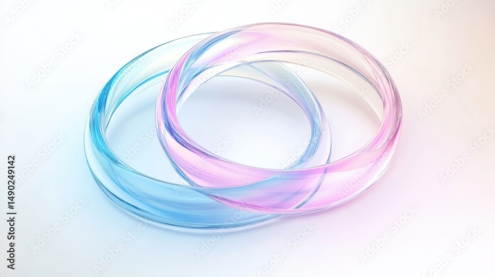 Poster abstract background with glass ring, pastel swirls in pink and blue, soft light effect and copy spac