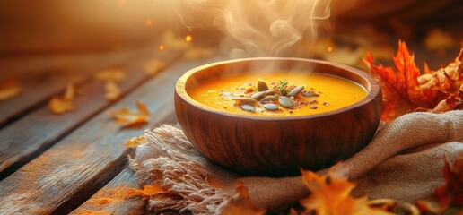 Pumpkin soup in wooden bowl