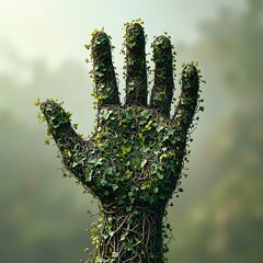 A digital art piece depicting a stylized human hand covered in vines and leaves, with a blurred natural background.