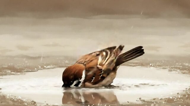 A delightful illustration of a sparrow enjoying a bath in a refreshing puddle capturing natures beauty
