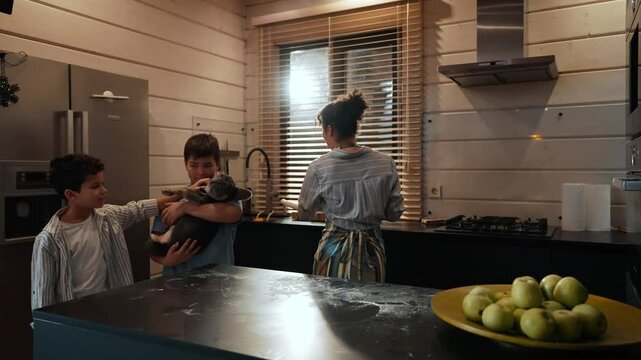 An adult, light brown-skinned mother wipes down the kitchen counter after cooking while her two school-aged sons play with a pug dog nearby. A concept of routine, family, and togetherness.