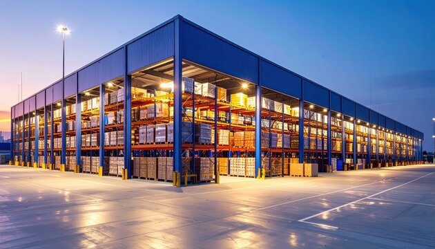Functional Cross Dock Facility with Pallet Racking at Dusk