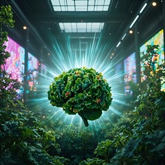 The image depicts a lush indoor garden with plants and a brain-shaped leaf structure emitting light, surrounded by colorful screens.