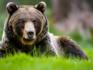 Fototapeta premium Brown bear resting on green grass in forest