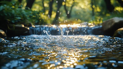 Fototapeta premium Water splashing over rocks in a serene forest stream nature photography tranquil environment vibrant light