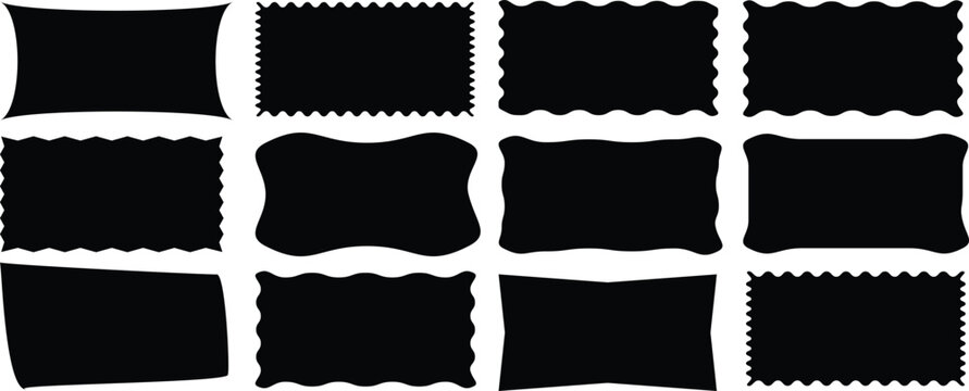 Set stamp frames with decorative edges for graphic design. Geometric zig zag wavy stickers. Rectangle shape frame with zigzag edge. Zig zag wavy edge rectangle frame or border shapes