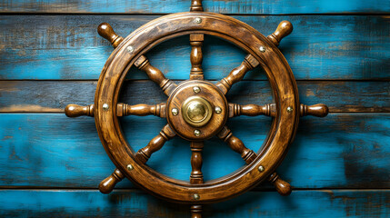 Obraz premium Vintage wooden ship wheel mounted against a textured blue wood paneling